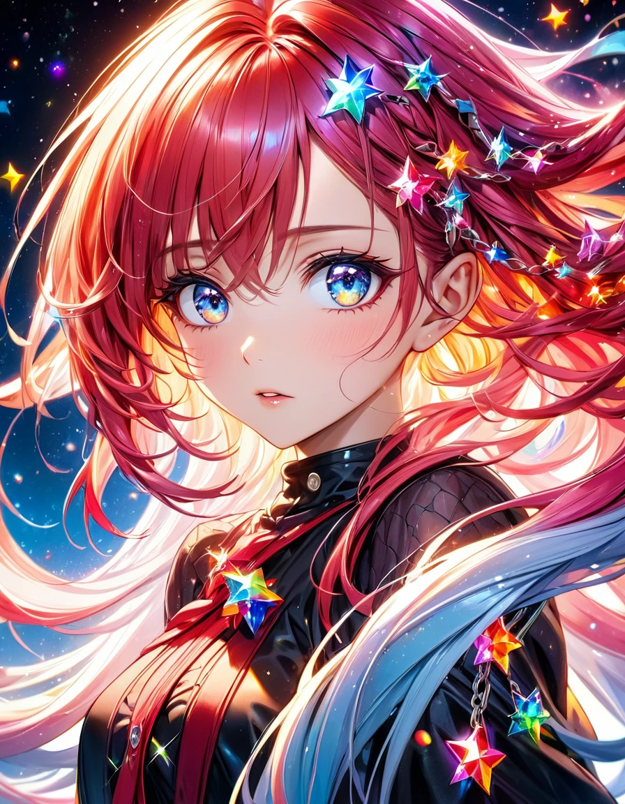 In a mesmerizing cascade of color and light, an enchanting anime girl sexy hot all cristal stars candroites viewers with her ethereal beauty. Her delicate features are framed by cascading locks of shimmering long diamond neon hair, her wide, expressive eyes big red red radiating with emotion. A digital painting brings this stunning character to life, depicting her in intricate detail with a seamless blend of realism and fantasy. Every brushstroke and pixel showcases the artist's skill and dedication, making this image a