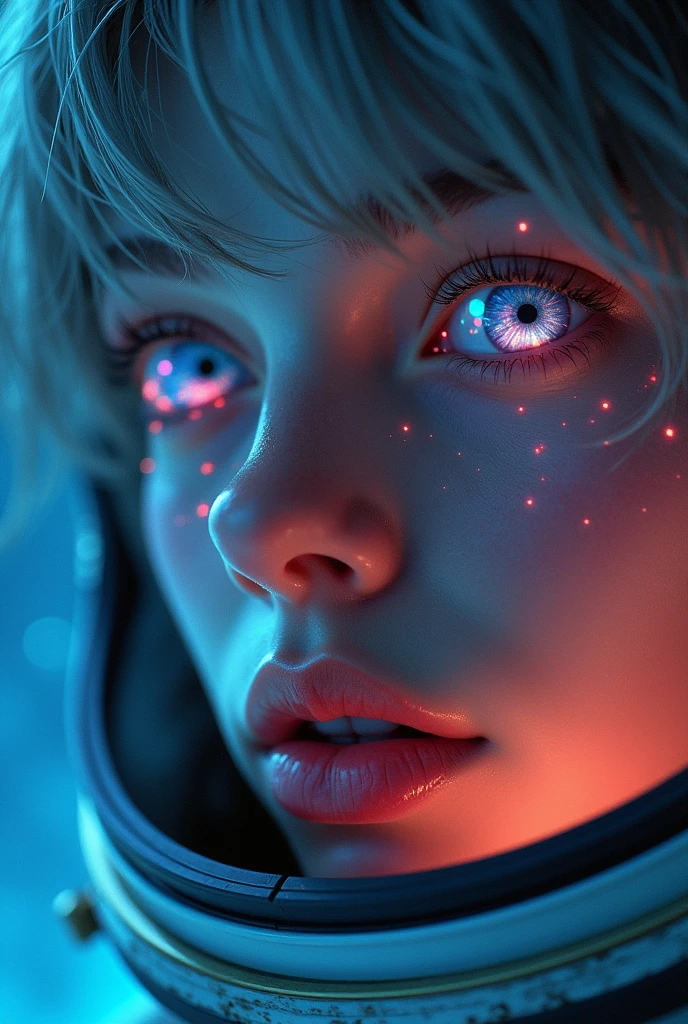 (Close-up of a better masterpiece:1.5)0.9], (Space and astronauts:1.2) (Messy silver hair:1.1) (Heterochromia xanthochromia and blue eyes:1.2) (Space Helmet:1.0) (Colored stars in the eyes:1.0) (A radiant glow:1.1) (thick lips:0.9)