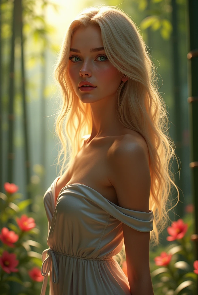 Here is a high-quality, realistic prompt for generating an 8K HD CG work: A stunning young woman, aged 25, stands tall with a radiant smile on her perfectly proportioned face. Her long, blonde hair cascades down her back like a golden waterfall, parted to one side. Her piercing blue eyes sparkle brightly, fringed by delicate eyelashes and subtle eye makeup. A pair of rosy cheeks adds a touch of innocence to her features. She wears a tight, silver silk dress that hugs her slender body, accentuating her medium chest and toned shoulders. The dress is blown by the gentle tropical island breeze as she stands amidst a serene bamboo forest at dawn.In a softly focused, low-key lit scene, a stunning young woman lies provocatively on a lush flower garden, her off-the-shoulder top accentuating her cleavage and showy shoulders. Her big breasts are prominently displayed, and her plump body curves invitingly. She sports a bob haircut and a seductive gaze, with furrowed eyebrows adding to the mystique. The colorful t-shirt she wears is subtly textured to resemble flowers, while cold light emphasizes the definition of her toned physique. From above, the camera captures her enticing pose, showcasing her big thighs as she lies provocatively amidst the vibrant blooms. Her eyes lock onto the audience, exuding a playful, flirtatious vibe. Her full lips are painted with a subtle red hue, parted in a charming smile that hints at a mischievous personality. The camera captures her in stunning detail, from the transparent white skin to the delicate makeup on her face and the intricate hair details. The scene is bathed in soft, natural light, with a touch of virtual lighting effects to enhance the overall realism.