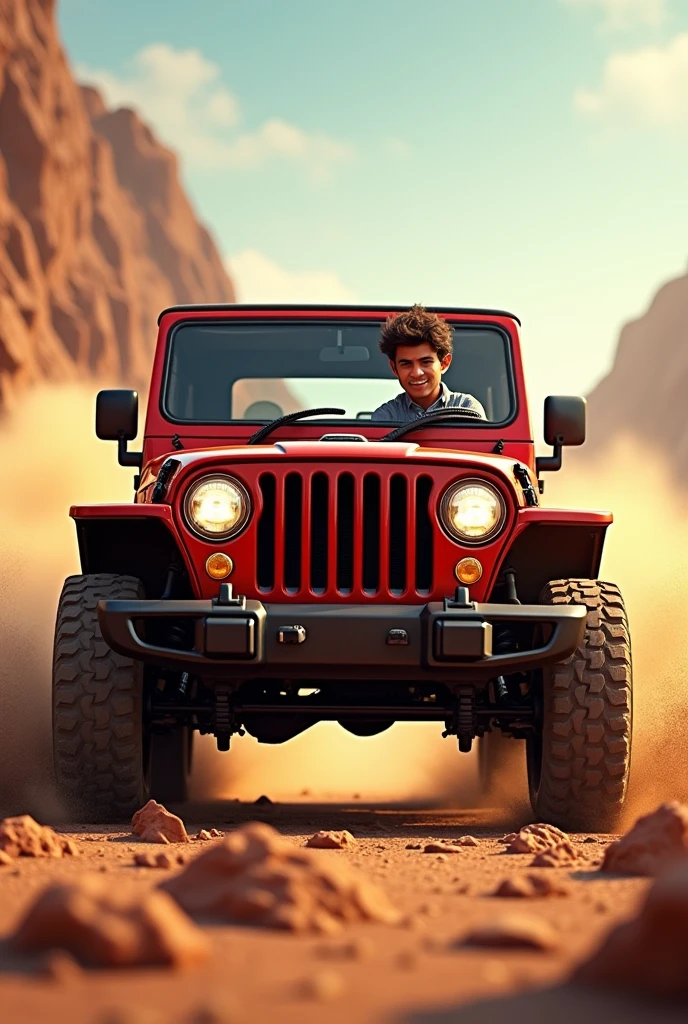 Front view
Animated image of Mahindra Thar with a driver riding it.
