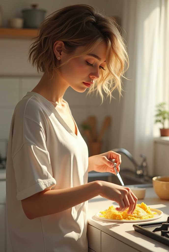 21 year old woman, short messy wavy brown hair with blonde highlights, wearing pajamas, preparing scrambled eggs in a minimalist kitchen, beautiful detailed eyes, beautiful detailed lips, extremely detailed face, longeyelashes, natural expression, soft lighting, warm colors, 4k, high quality, photorealistic, digital painting