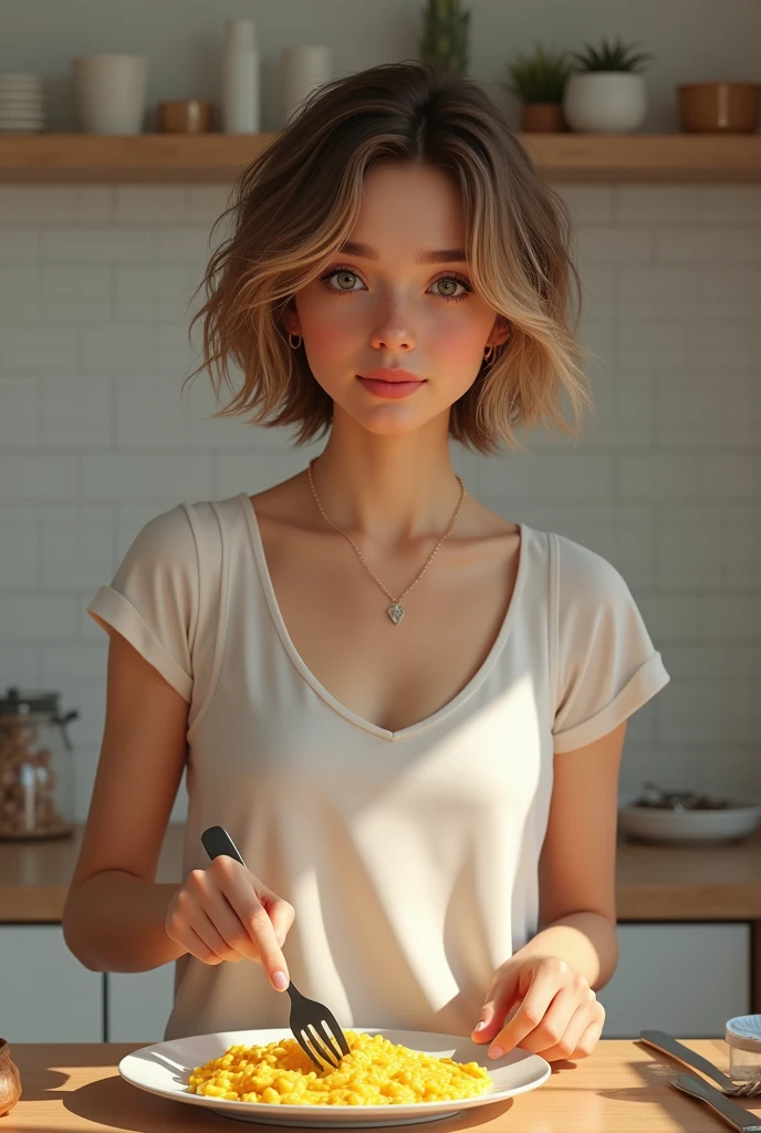 21 year old woman, short messy wavy brown hair with blonde highlights, wearing pajamas, preparing scrambled eggs in a minimalist kitchen, beautiful detailed eyes, beautiful detailed lips, extremely detailed face, longeyelashes, natural expression, soft lighting, warm colors, 4k, high quality, photorealistic, digital painting