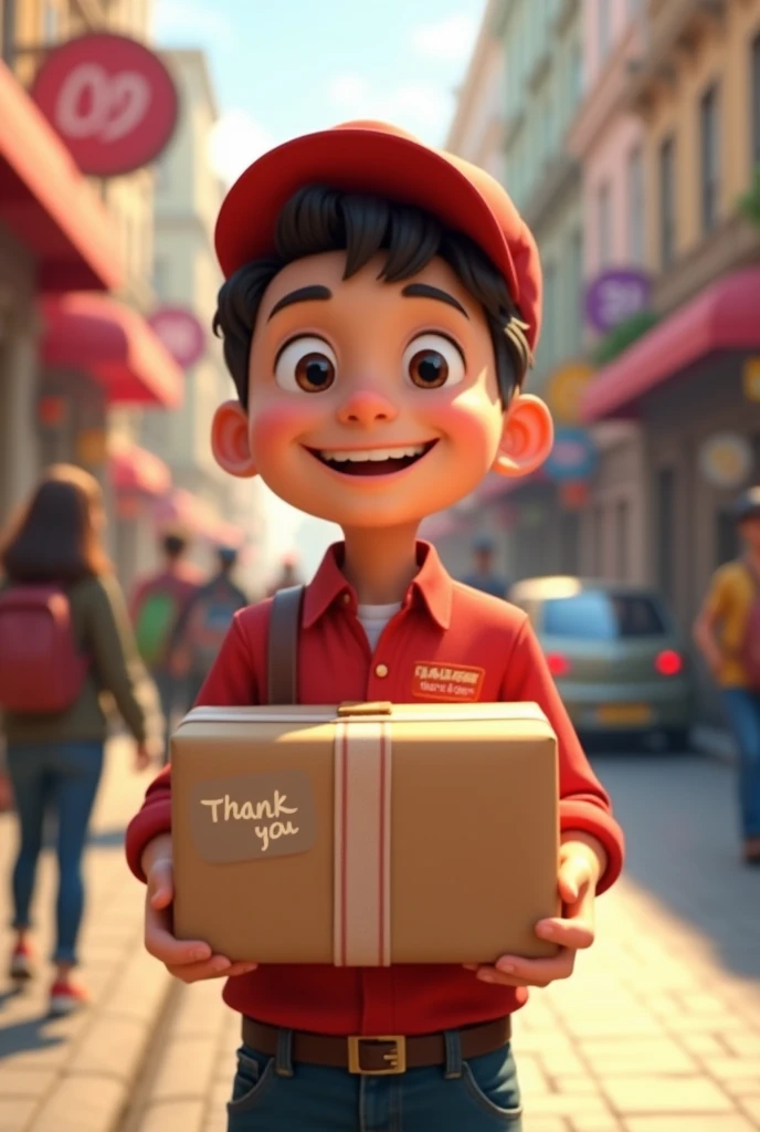 a delivery boy holding a package on which thank you is written