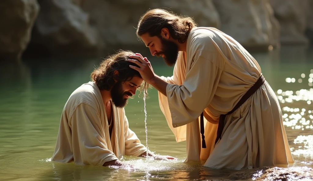 John the Baptist baptizing Jesus Christ in the Jordan River, Jesus kneeling in the water, and John the Baptist pouring water over Jesus' head, Jesus wearing a beige robe, a light reflecting on Jesus, use a realistic image