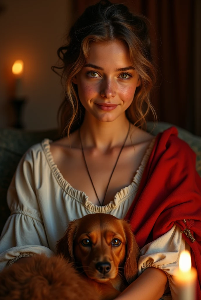 (((masterpiece, perfect closeup portrait of a very beautiful ancient Roman girl, subtle smiling, with light skin imperfections and some freckles))). She's petting a cute red dog on her laps. Inside an ancient noble Roman house, 1st century after Christ, with rich furniture and curtains. Twilight warm and calm atmosphere. Precious white and red tunic. Wide angle lens, ((low angle shot)), ((full figure shot)), perfectly detailed scene, extreme realism. ((Characters illuminated only by warm soft candle light, dark shadows)), artistic framing, low saturation, low contrast, ((soft focus)).