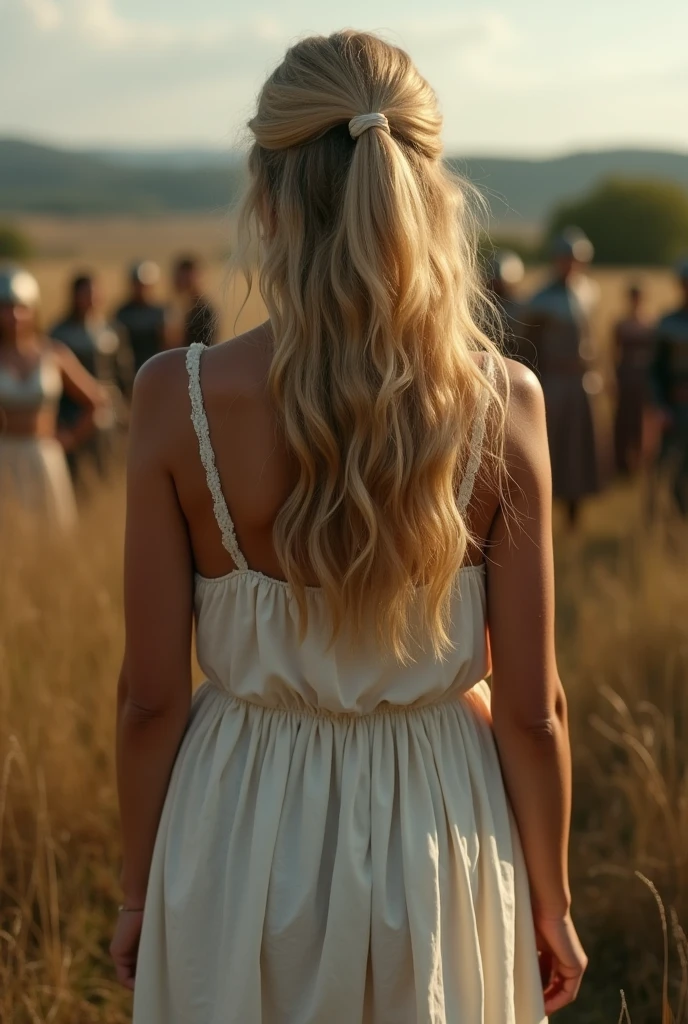 (Backview only:1.4), view from behind, A very beautiful blonde woman in her 30s, taken prisoner after battle , wearing a very (short:1.4) medieval peasant nightgown, (battlefield as background:1.4), (upskirt:1.4)
