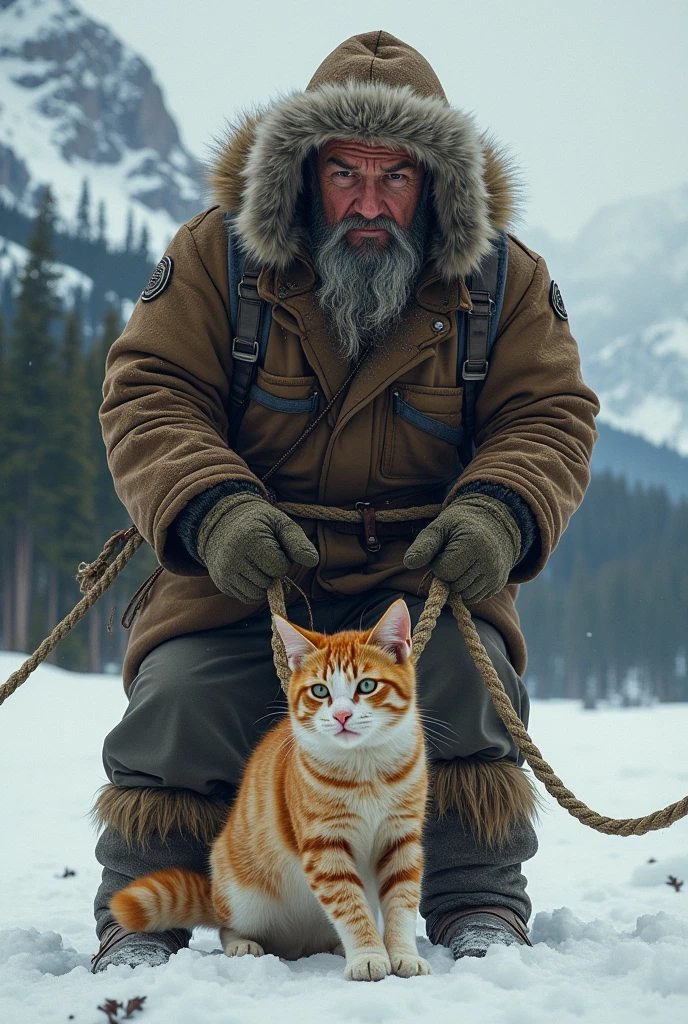 Siberian tying a cat with a rope