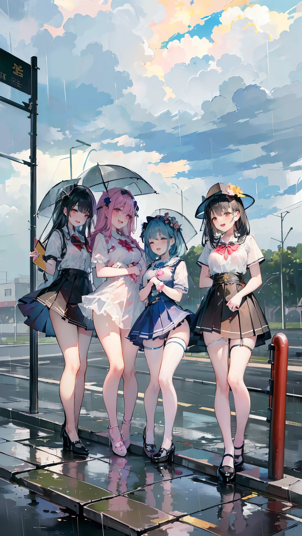 masterpiece, Highest quality, High resolution, Very detailed,(((Multiple Girls))), (((Three Girls))), (((laughing。)))、(((Facing forward。))), (((thunderstorm))), (((Electric pole))), (((Cloudy))), (((Rain Clouds))), (((Bus stop in the background)))