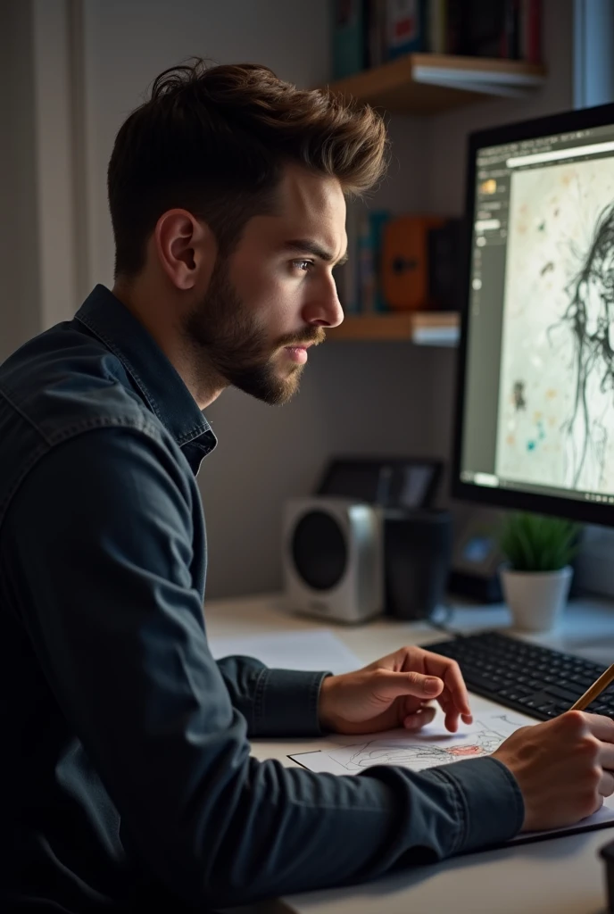 A handsome guy, a designer, sits in his room behind a monitor at such an angle that his face cannot be seen. and does his work in the application - Photoshop. Also, he has a graphic tablet on his table and in his hand he holds a brush, which he moves over the same tablet.