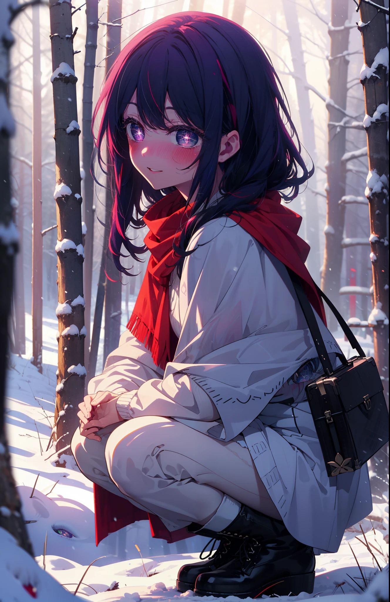 aihoshino, Ai Hoshino, Long Hair, bangs, (Purple eyes:1.1), Purple Hair, (Symbol-shaped pupil:1.5), smile,,smile,blush,white breath,
Open your mouth,snow,Ground bonfire, Outdoor, boots, snowing, From the side, wood, suitcase, Cape, Blurred, , forest, White handbag, nature,  Squat, Mouth closed, Cape, winter, Written boundary depth, Black shoes, red Cape break looking at viewer, Upper Body, whole body, break Outdoor, forest, nature, break (masterpiece:1.2), Highest quality, High resolution, unity 8k wallpaper, (shape:0.8), (Beautiful and beautiful eyes:1.6), Highly detailed face, Perfect lighting, Extremely detailed CG, (Perfect hands, Perfect Anatomy),