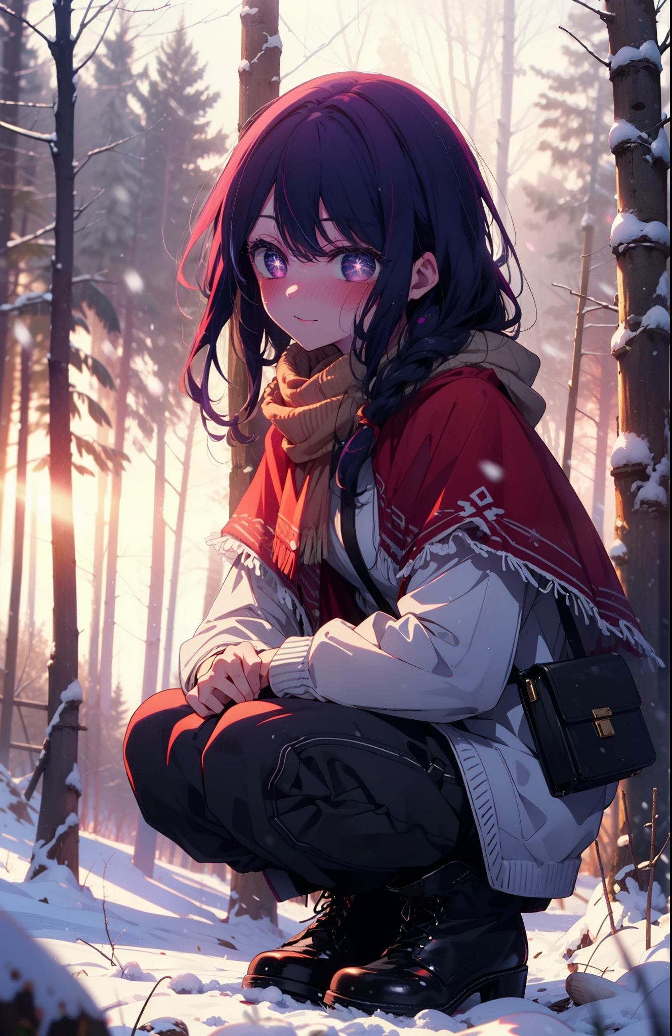 aihoshino, Ai Hoshino, Long Hair, bangs, (Purple eyes:1.1), Purple Hair, (Symbol-shaped pupil:1.5), smile,,smile,blush,white breath,
Open your mouth,snow,Ground bonfire, Outdoor, boots, snowing, From the side, wood, suitcase, Cape, Blurred, , forest, White handbag, nature,  Squat, Mouth closed, Cape, winter, Written boundary depth, Black shoes, red Cape break looking at viewer, Upper Body, whole body, break Outdoor, forest, nature, break (masterpiece:1.2), Highest quality, High resolution, unity 8k wallpaper, (shape:0.8), (Beautiful and beautiful eyes:1.6), Highly detailed face, Perfect lighting, Extremely detailed CG, (Perfect hands, Perfect Anatomy),
