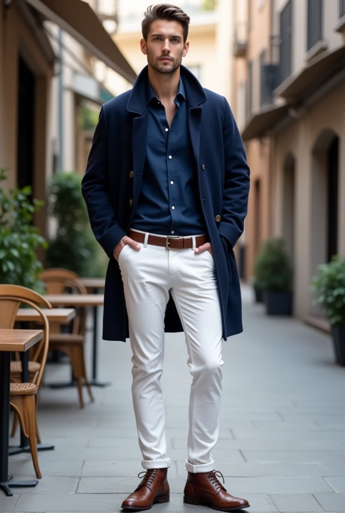 A guy wearing navy blue shirt, navy blue short coat, white pants and brown shoes