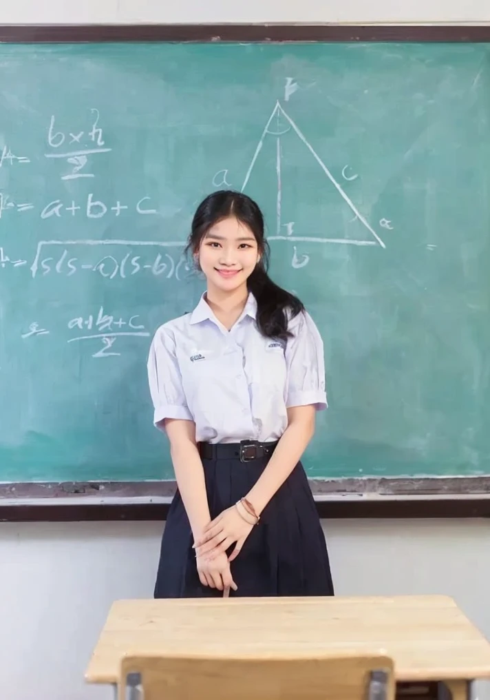 there is a woman standing in front of a blackboard in the classroom, standing in class, Niwan Chandra, สวมชุดstudent, student, สวมชุดstudent, young woman wearing uniform, Intermediate Art, As a strict school teacher ), in the classroom, Thawan Duchanee, The thing is smile., traditional art, Wearing a headmaster&#39;s uniform