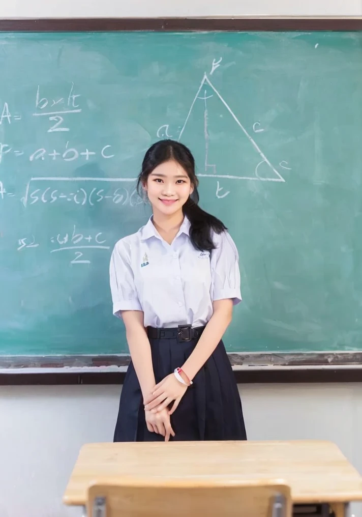 there is a woman standing in front of a blackboard in the classroom, standing in class, Niwan Chandra, สวมชุดstudent, student, สวมชุดstudent, young woman wearing uniform, Intermediate Art, As a strict school teacher ), in the classroom, Thawan Duchanee, The thing is smile., traditional art, Wearing a headmaster's uniform
