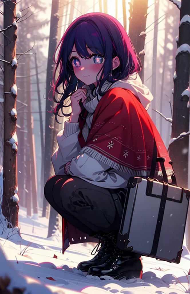 aihoshino, Ai Hoshino, Long Hair, bangs, (Purple eyes:1.1), Purple Hair, (Symbol-shaped pupil:1.5), smile,,smile,blush,white breath,
Open your mouth,snow,Ground bonfire, Outdoor, boots, snowing, From the side, wood, suitcase, Cape, Blurred, , forest, White handbag, nature, Squat, Mouth closed, Cape, winter, Written boundary depth, Black shoes, red Cape break looking at viewer, Upper Body, whole body, break Outdoor, forest, nature, break (masterpiece:1.2), Highest quality, High resolution, unity 8k wallpaper, (shape:0.8), (Beautiful and beautiful eyes:1.6), Highly detailed face, Perfect lighting, Extremely detailed CG, (Perfect hands, Perfect Anatomy),
