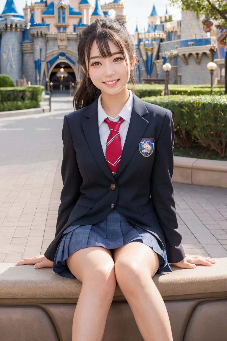 (photorealistic:1.4), best quality, raw 8k photo, (extremely detailed japanese beautiful girl), (extremely detailed eyes:1.1), (cute face:1.2), ultra-detailed, ultra high res, amazing, BREAK,
(school uniform:1.2), smile, detailed school girl, (disneyland:1.3), beautiful detailed girl, bangs,ponytail ,cute face, miniskirt, smile, wind, disneyland, beautiful hairstyle, loafers, perfect legs, perfect hands,sitting