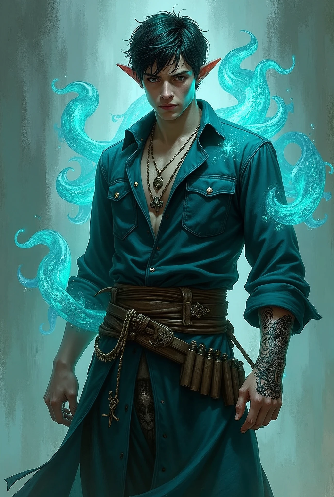 Create an image for a D&D character. A level 3 Warlock, with powers arising from a pact with an entity from the depths of the sea. He manifests his powers through translucent cyan tentacles. He wears simple clothes, similar to sailors and pirates from a medieval world. He has 4 daggers attached to his belt, a black tattoo on his forearm with tentacles. He loves the freedom of the sea and believes in the natural cycle of life, which should flow like the sea. He is around 28 years old, half-elf with short dark hair.