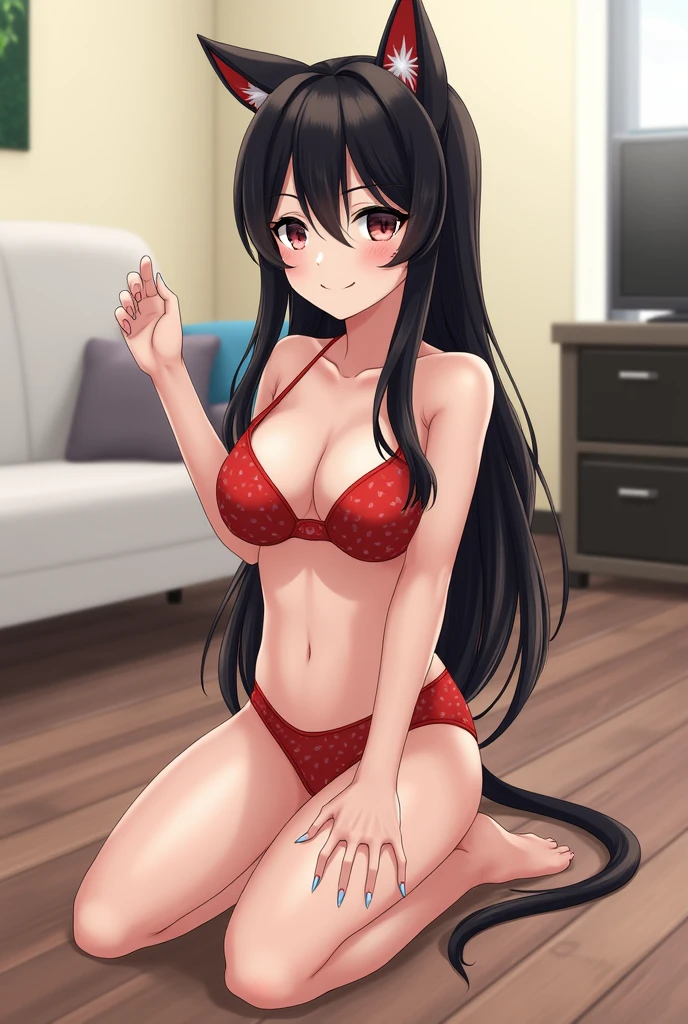 photorealistic,1 girl,red tabby print bikini,catsuit with cat ears,claw pose,long black hair,kneeling,living room