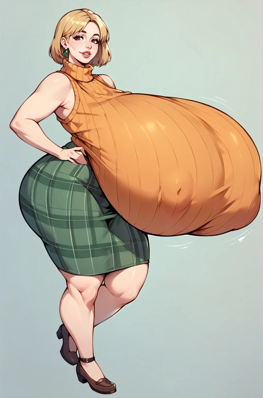 score_9, score_8_up, score_7_up, score_6_up, score_5_up, score_4_up, solo, thicc Ashely Graham from resident evil 4, ((mature mom)), short blonde hair, brown eyes, ((orange sleeveless turtleneck sweater with a burgundy sweater around her neck)), green plaid skirt, big thick full lips, ((pouted lips)), ((squinting eyes)), ((full body)), ((NSFW)), sexy, seductive, alluring, cute smile, joyful, (((fetish: breasts expansion))), (((gigantic breasts))), sagging breasts, big nipples, wide hips, thick thighs, huge ass