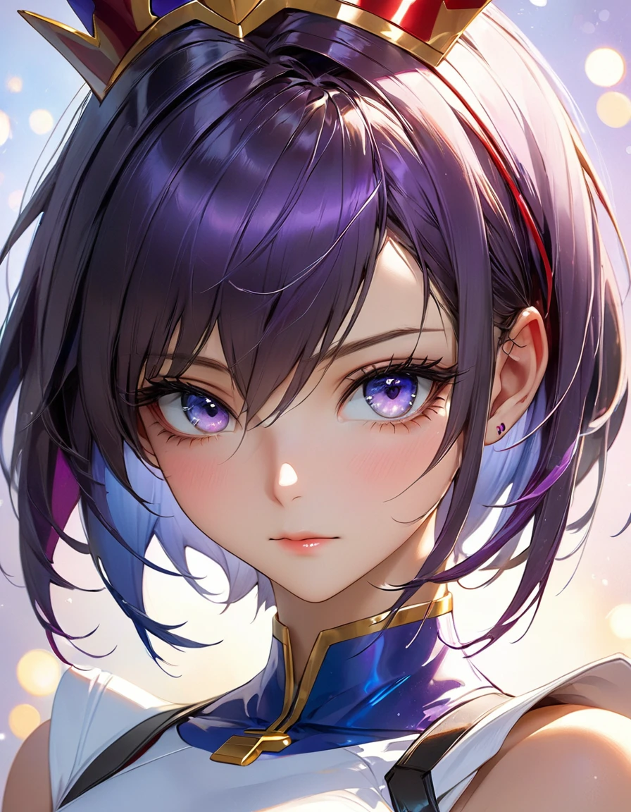 concept art by Pino Daeni, Jeremy Mann, Greg Rutkowski, Konstantin Razumov, Vladimir Volegov Realistic closeup portrait of a model 4k beautiful Alita +vegeta sexy cios empinados soft ONLY blue brilhante eyes black and purple spirit, red threads, key light reflected in the eyes, red crown on the head, painted background, studio portrait, soft light, bezel lighting, shimmer in the eyes, bokeh background, picturesque, buff painting, (detailed faces:1. 3), (Detailed Eyes:1.3 8K,
