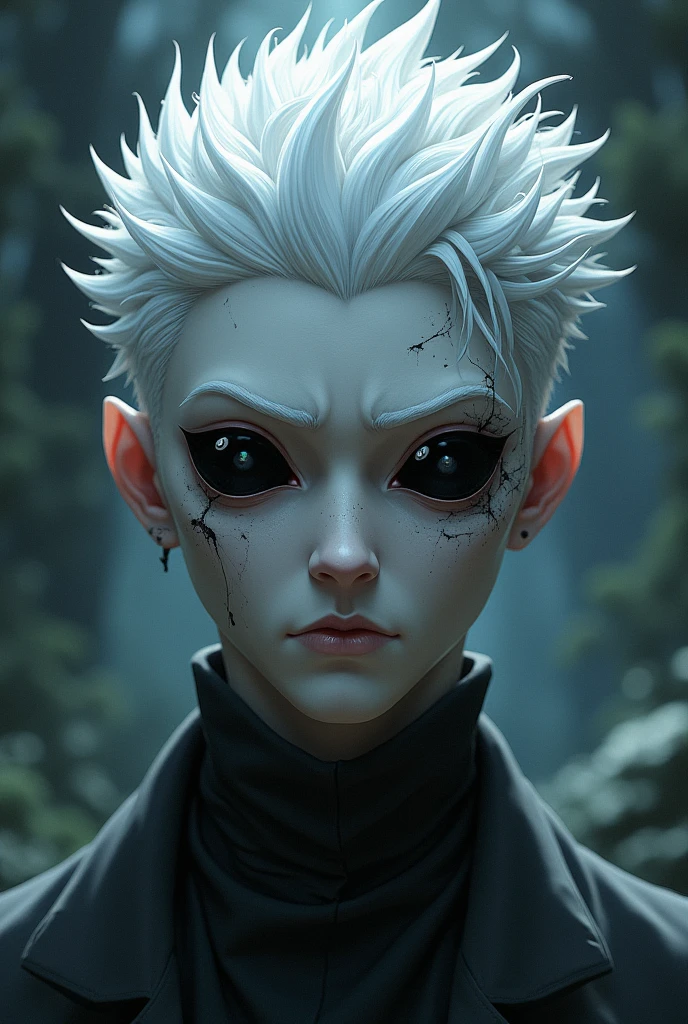 A mutant male anime character with gray skin, black eyes without pupils and platinum hair