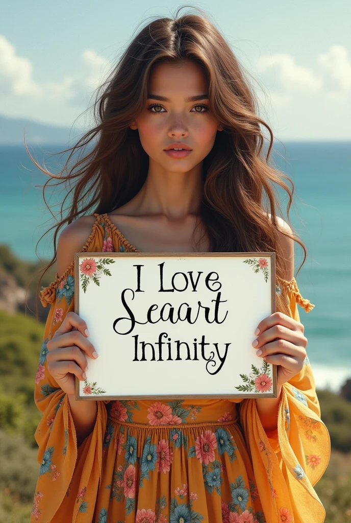 Beautiful girl with wavy long hair, bohemian dress, holding a white board with text "I Love Seaart Infinity" and showing it to the viewer