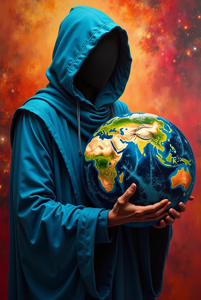 A hooded figure with a blue costume holding a large earth ball, in the style of afrofuturism, light crimson and gold, ethereal symbolism, dark emerald and red, celestialpunk, dark reflections, made out of cosmic galaxy ether by Caravaggio, Boris Vallejo, Jeff Easley, realistic gouache hyper vibrant holographic, fine detailed, oil painting