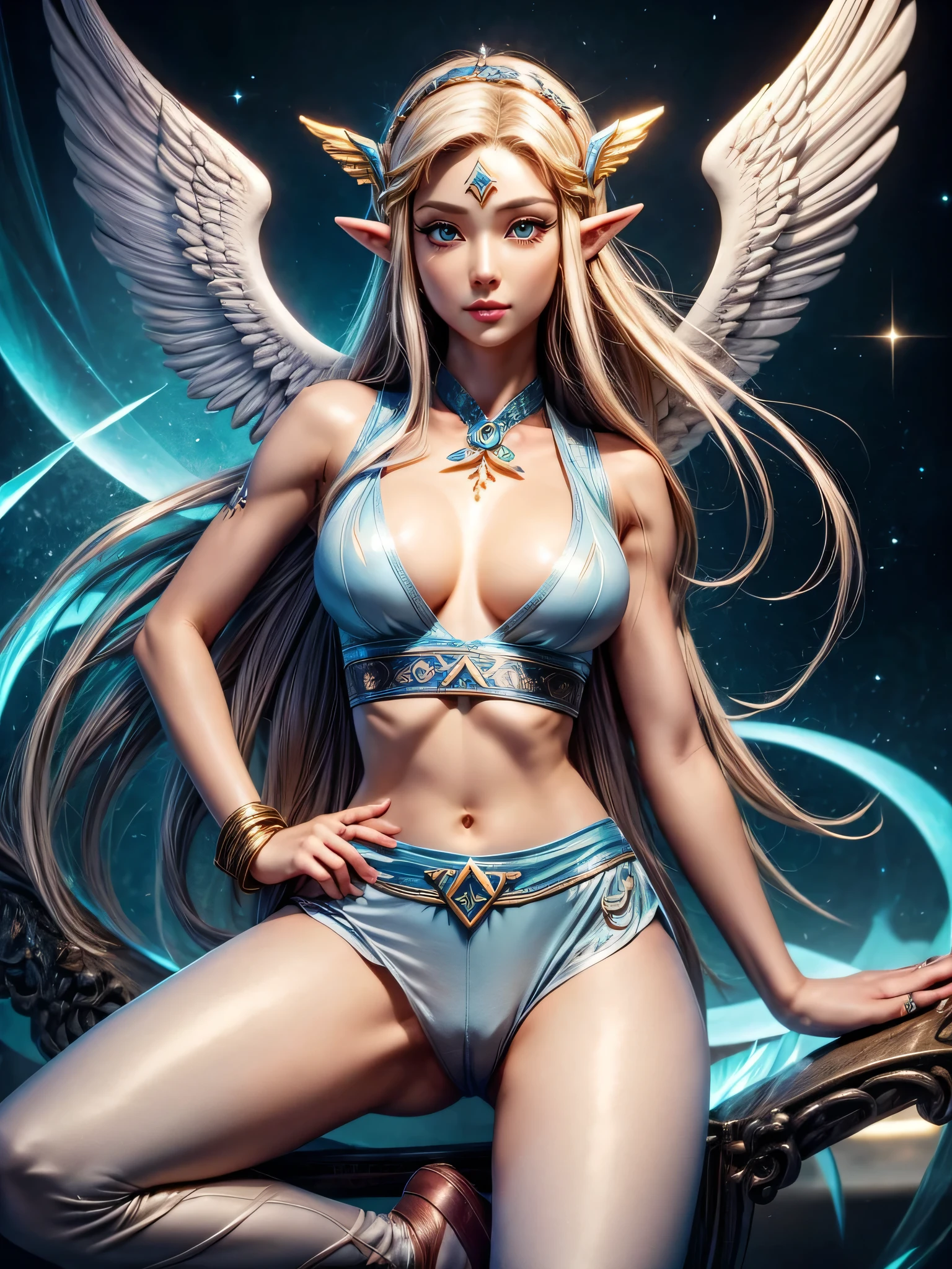 Moon goddess Zelda with Angel Wing wings, with a fully detailed fit body, full detailed face, detailed Eyes, detailed mouth, beautiful covered natural breasts, sexy Make-Up, shy and seductive look, long spreaded legs, realistic style, narrow hips, pretty face, perfect lightning, detailed hair, detailed background, wearing a Sports Bra, leggings and High heels, getting POV fucked 