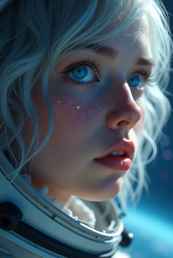 (Close-up of a better masterpiece:1.5)0.9], (Space and astronauts:1.2) (Messy silver hair:1.1) (Heterochromia xanthochromia and blue eyes:1.2) (Space Helmet:1.0) (Colored stars in the eyes:1.0) (A radiant glow:1.1) (thick lips:0.9)