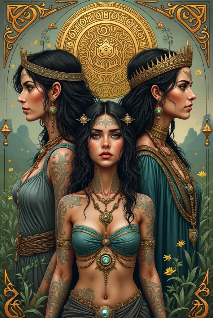 Fantasy book cover on the cover I want the woman to appear in the three phases of her life slave druid and queen the druid and the queen in the background the slave in the center and I want it to mix the Celtic and Brazilian style and on the cover have the name slave druid queen 