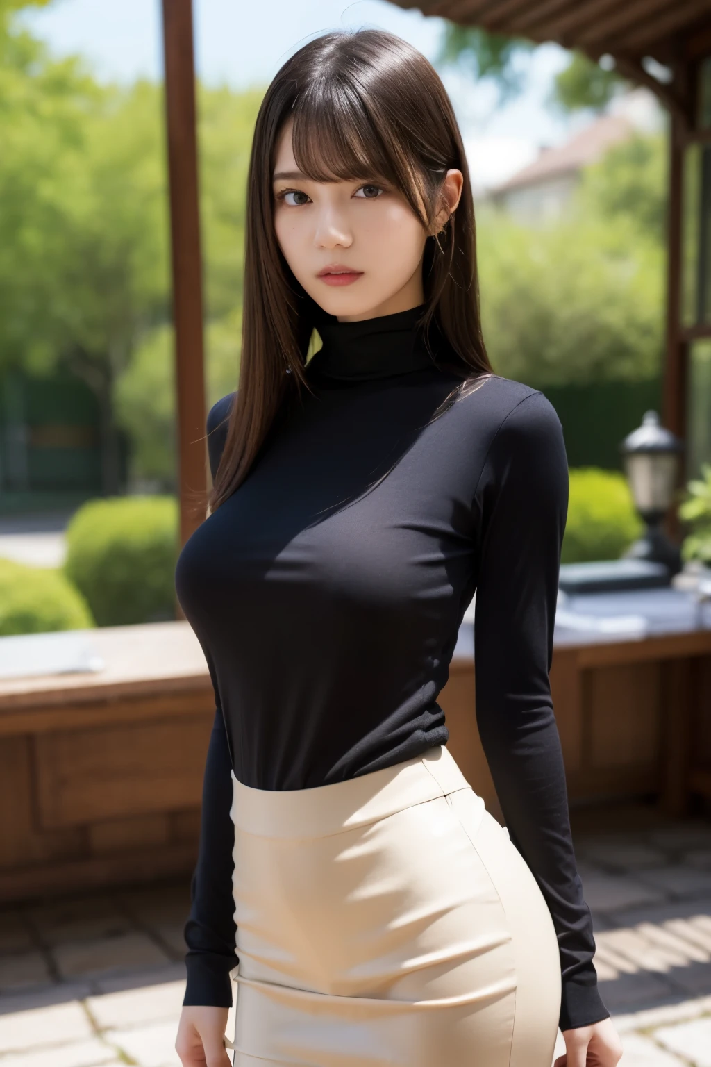 One girl,Sexy pose,Highest quality,masterpiece,figure,Very delicate and beautiful,CG,Unity,8k wallpaper,wonderful,In detail,masterpiece,Official Art,Very detailed CG Unity 8k wallpaper,Incredibly absurd,Large file size,Very detailed,High resolution,Very detailed,Beautiful detailed girl,Realistic,from the front,Outdoor,Turtleneck shirt,skirt,Light contrast,nsfw