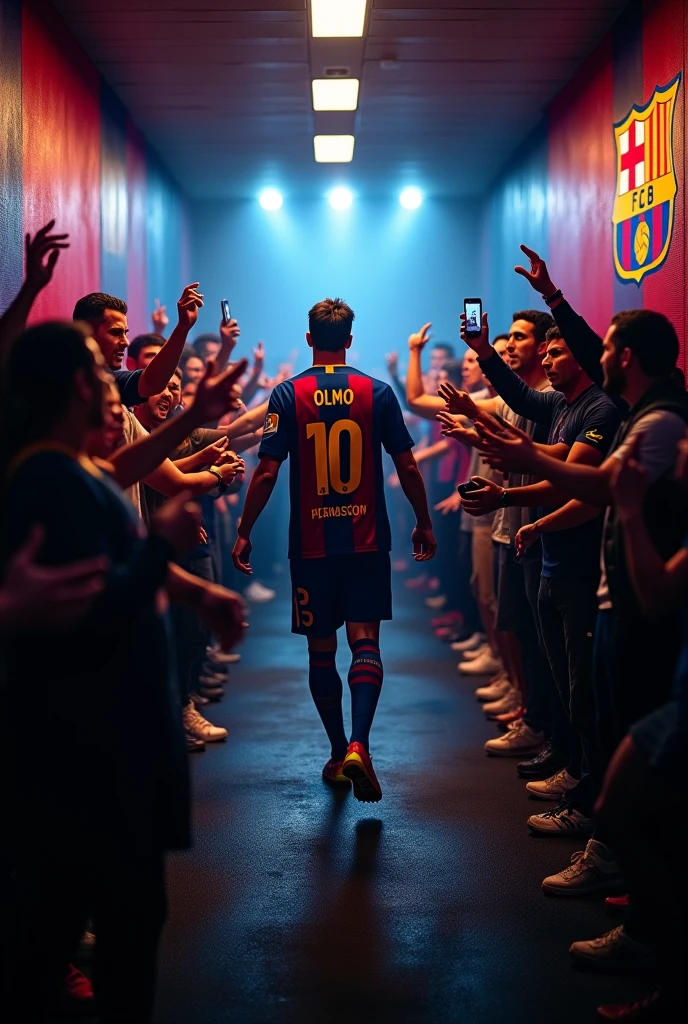 Fc Barcelona fans welcoming a player named olmo in tunnel photo captured behind olmo