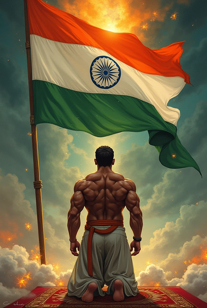 A Muslim prostration, bodybuilder Soldier in Front of Indian national Flag. Artwork, fantasy