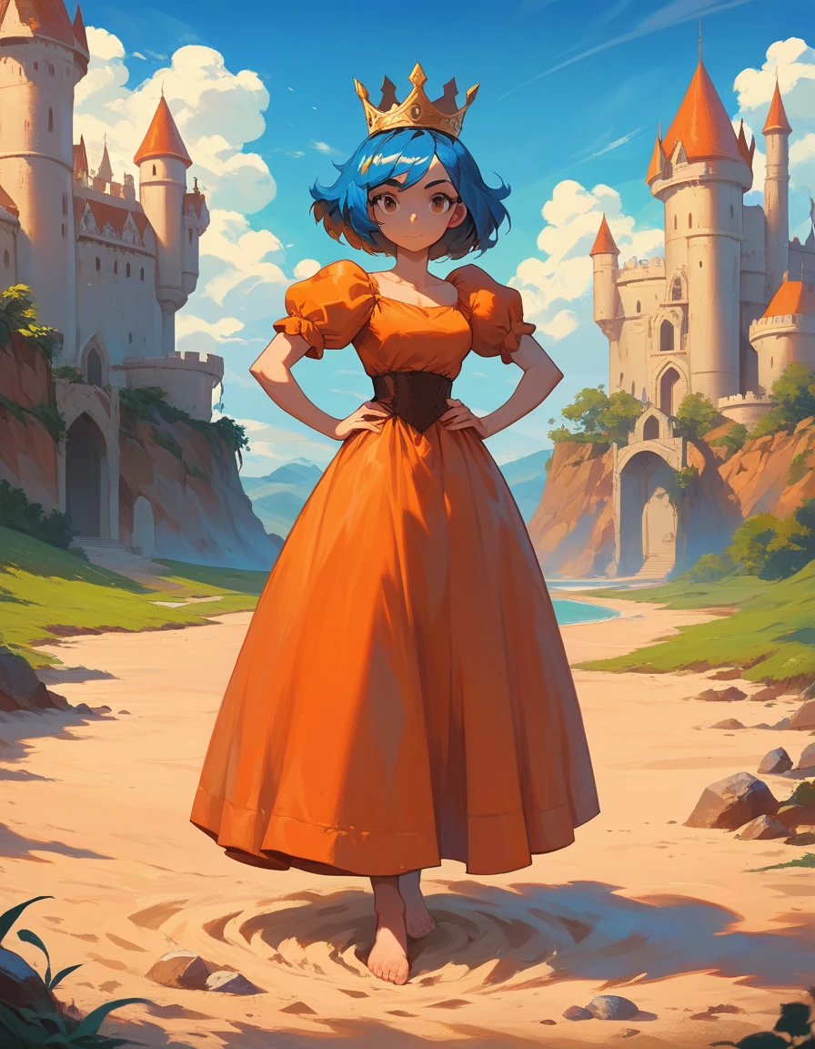 masterpiece, best quality, solo, 1girl, orange hair, blue hair, :D, orange dress, looking at viewer, outdoors, sand, sand dunes, huge castle, crown, standing, full body, cowboy shot, hands on hips, 