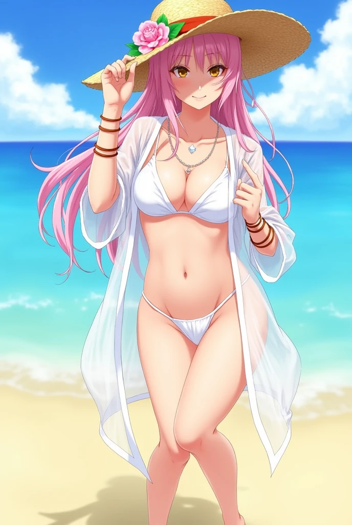 (masterpiece, best quality), solo, 1girl, lustrous skin, ultra-detailed, looking at viewer, Shōko Nishimiya, swimsuit, bikini, wristcuffs, outdoors, beach, sea, surcoufbikiniv1, white micro bikini, straw hat, see-through, robe, ring, open clothes, necklace, multiple straps, jewelry, hat flower, barefoot, long pink hair