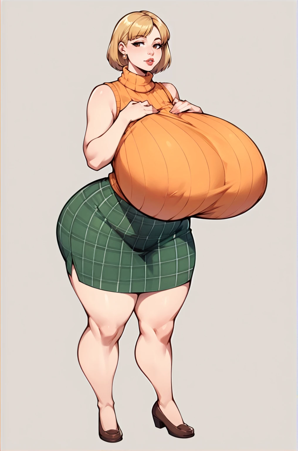 score_9, score_8_up, score_7_up, score_6_up, score_5_up, score_4_up, solo, Ashely Graham from resident evil 4, ((thicc mature mom)), short blonde hair, brown eyes, ((orange sleeveless turtleneck sweater with a burgundy sweater around her neck)), green plaid skirt, big thick full lips, ((pouted lips)), ((squinting eyes)), ((full body)), ((NSFW)), sexy, seductive, alluring, cute, motherly, (((gigantic breasts))), sagging breasts, big nipples, wide hips, thick thighs, huge ass, ((hands holding own breasts))