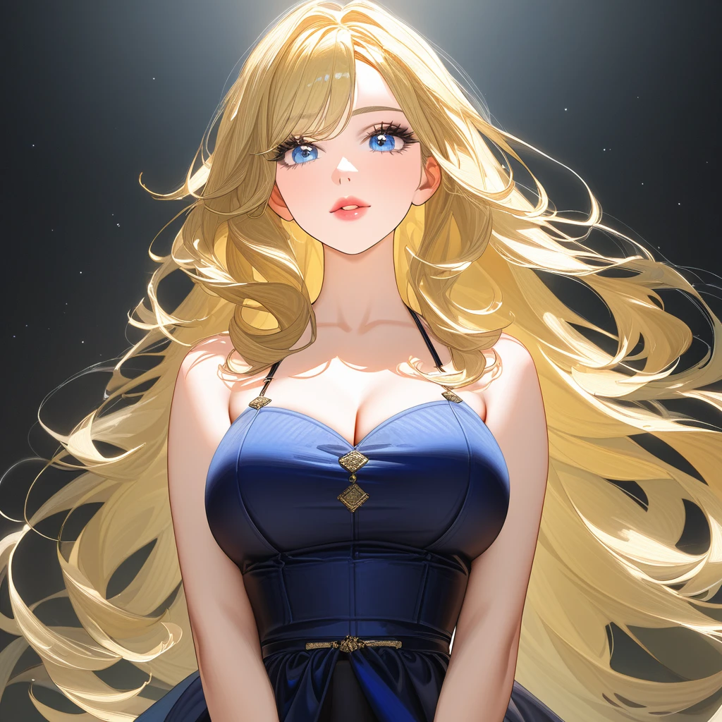 Tall Mature Women With Long blonde curly hair and Dark Blue Eyes , With Long black Eyelashes , Wearing Half sleeve White dress , Half portrait, Big chest , Hyper detailed eyes , hugh resolution, High quality, 4kHd , Masterpiece, pink Lips 