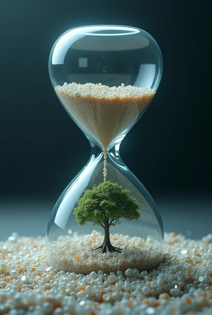 Concept: A melting hourglass filled with sand made of tiny plastic pieces, with the sand overflowing and suffocating a tree below it.Tagline: "Time's Running Out – Stop Plastic Pollution Before It Stops Us."