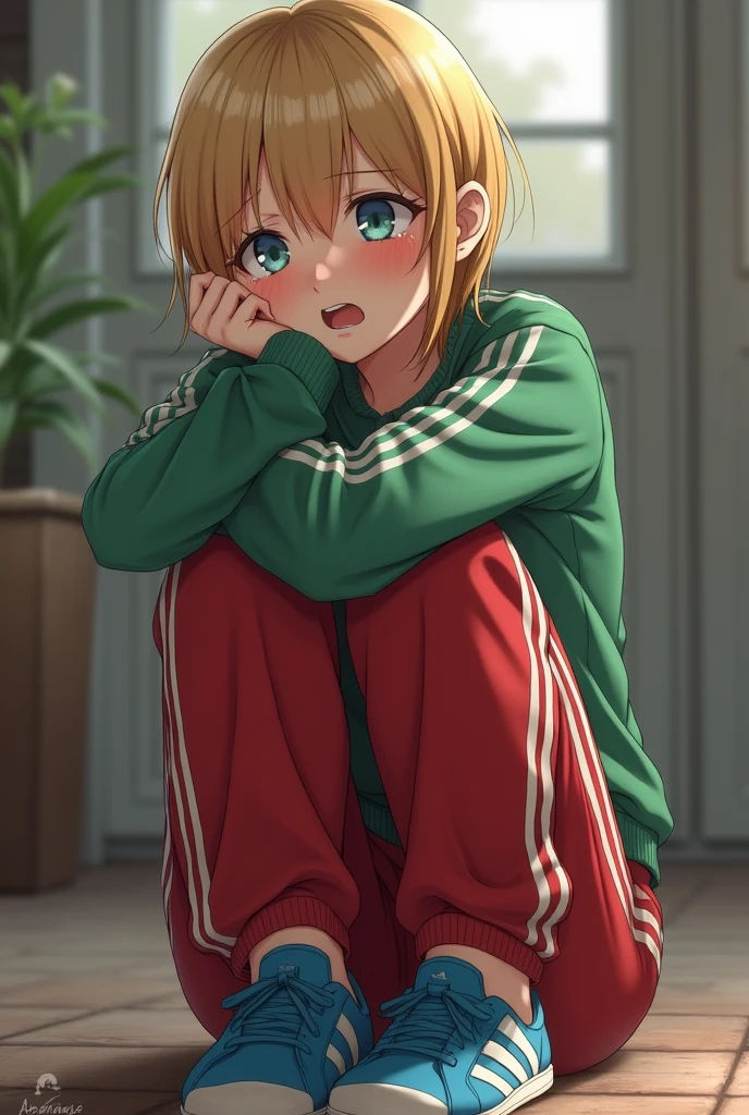 Red pants adidas, green shirt, blue shoes, blonde hair, cute pretty, crying women 🥺👉🏻👈🏻, uwu face, take a toys