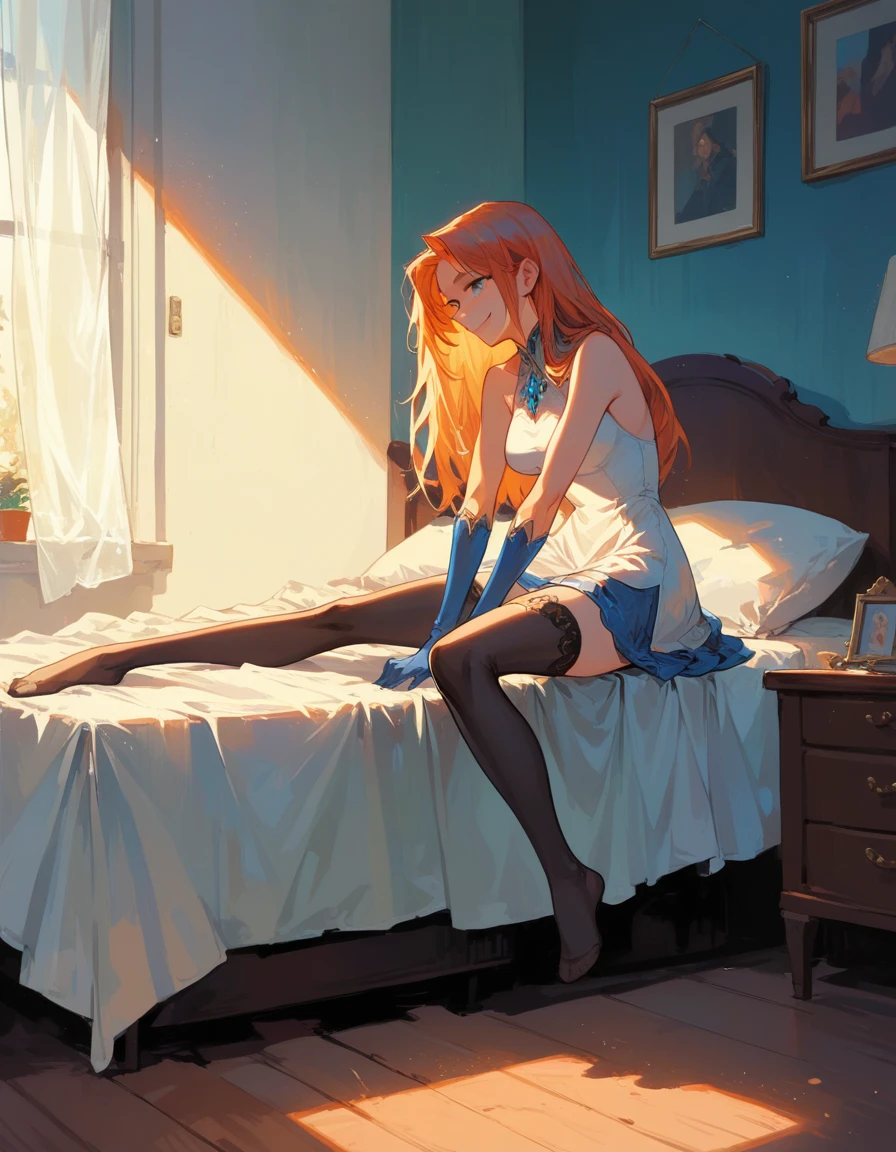 best quality, masterpiece, 1girl, solo, Ferry, long hair, FerryBase, thighhighs, bare shoulders, jewelry, sleeveless, white dress, blue skirt, gloves, bed room, bed, wooden floor, sitting, sitting on bed, hands on legs, subtle smile, soft lighting, full body, wide hips, medium breasts