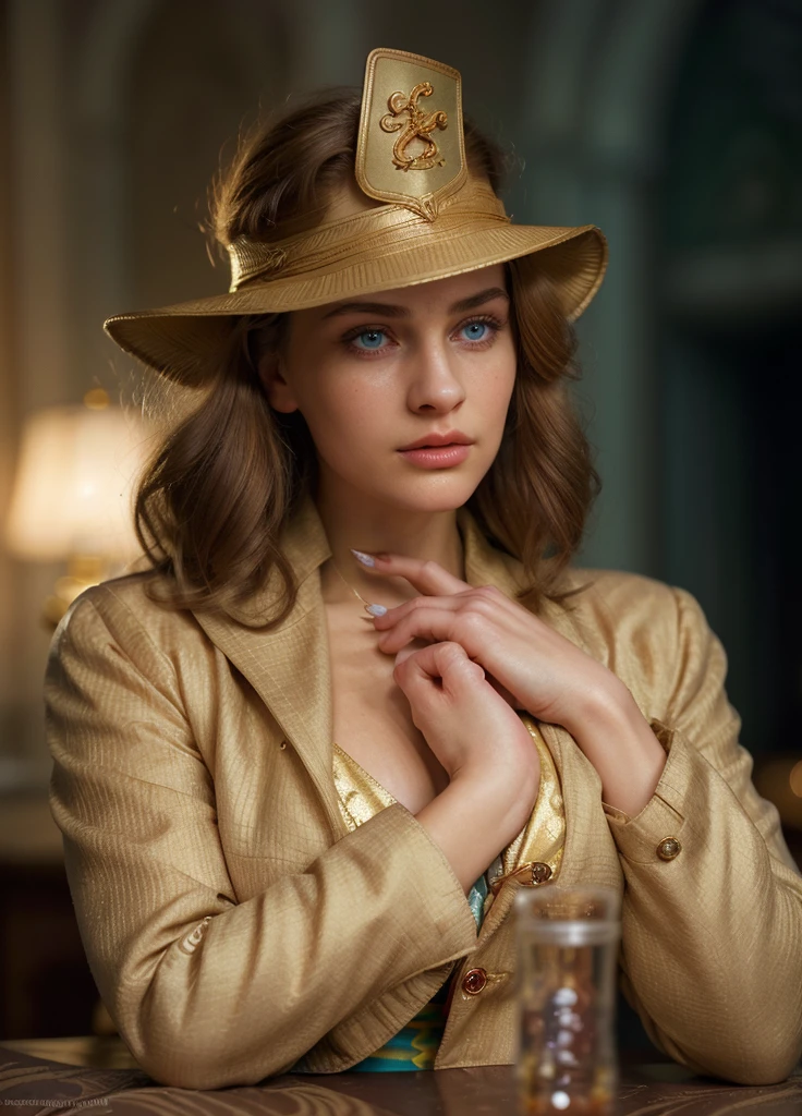 a woman in 1943 setting, full upper body, open jacket, beautiful detailed eyes, beautiful detailed lips, extremely detailed face, beautiful detailed hair, high quality, realistic, cinematic lighting, chiaroscuro, dramatic lighting, vivid colors, award winning photography, sks woman