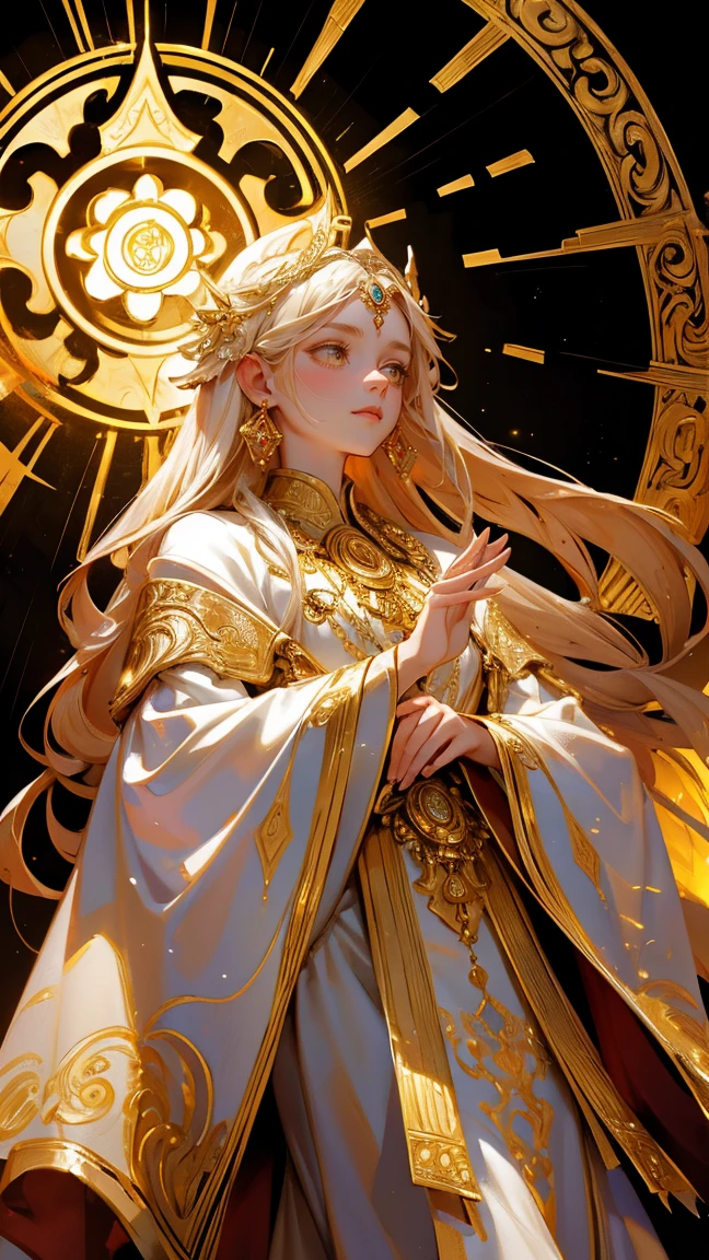 A mystical and elaborate scene set in an ancient, ornate temple filled with golden light and ethereal energy. The central figure, dressed in luxurious, intricate robes adorned with gems and gold, stands before a glowing, ancient altar, with radiant golden circles and symbols floating around them. The figure exudes an aura of immense power and wisdom, with beams of light emanating from their eyes and hands. Replace this central figure with a beautiful, cute girl while maintaining the same grand and regal theme. The new character should have similarly styled clothing, adorned with golden and jewel-encrusted elements that match the mystical and ancient atmosphere. The background, glowing symbols, and overall ethereal golden ambiance should remain exactly the same, preserving the majestic and otherworldly feel of the image