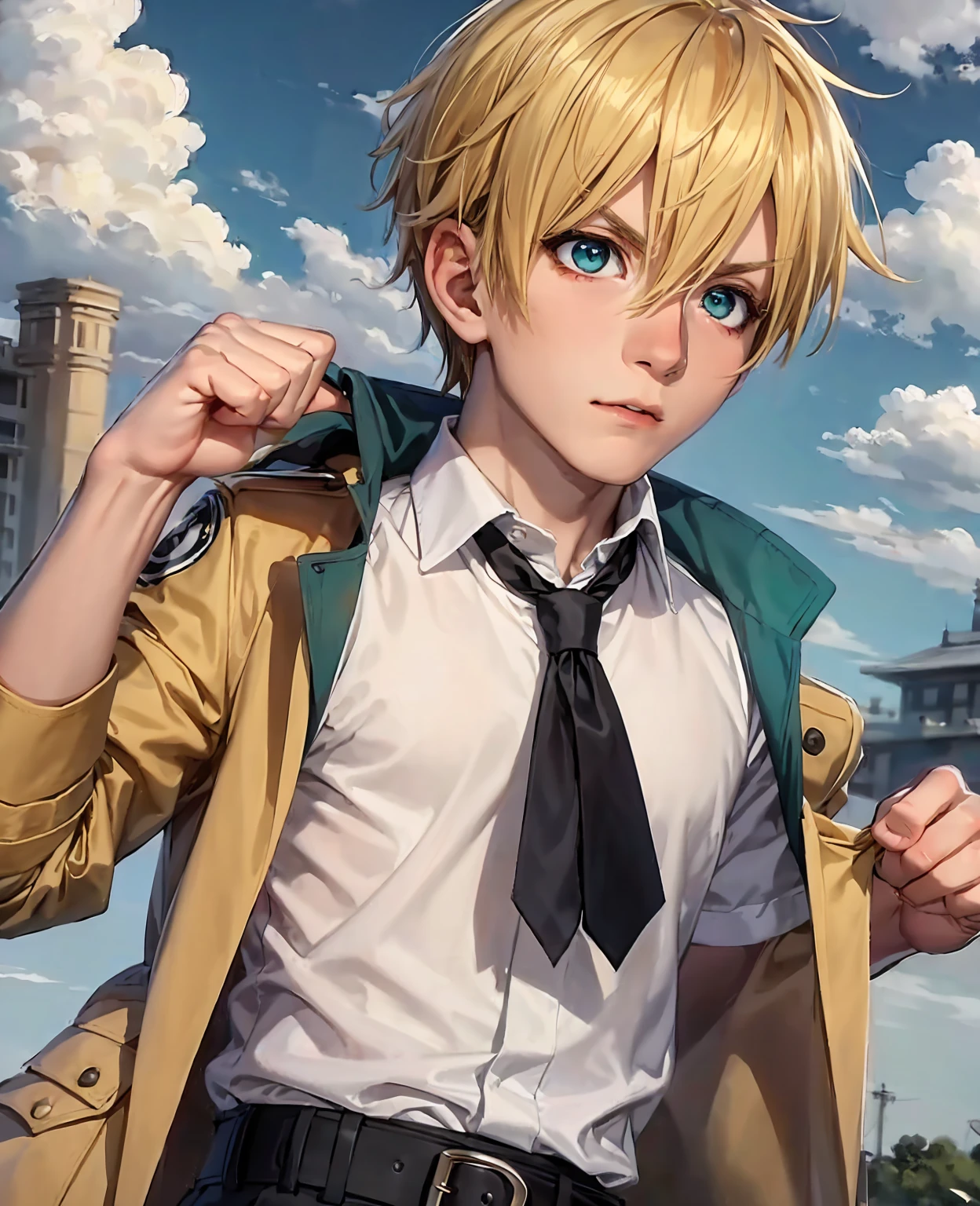 chibinaruto, 1boy, blonde hair, male focus, solo, sky, green eyes, cloud, day, whisker markings, bird, blue sky, male child, jacket, outdoors, upper body, cloudy sky