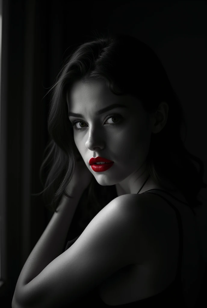 Photo noire et blanc, film noir style, Maginifique, 1fille, Seulement, demi-corps, Dramatic lighting, monochrome, high contrast, ombres dramatiques, 40s style, Mysterious, cinematic, Bright red lips (((Only lips red)))