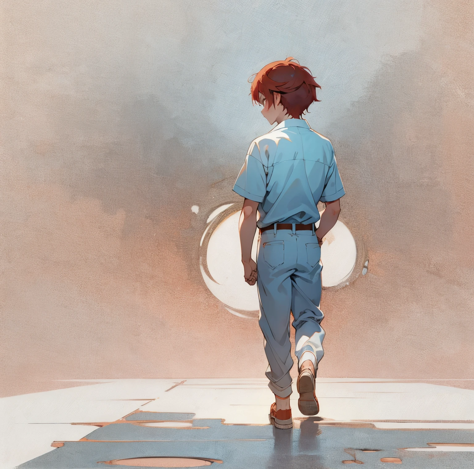 Mother、boy, whole body, Back view, Holding hands,　Manga style, Chibi Style, cute, Beautiful Face, High detail skin, High quality skin, Red color hair, White clothes, Professional Lighting, Real Shadows, masterpiece,
