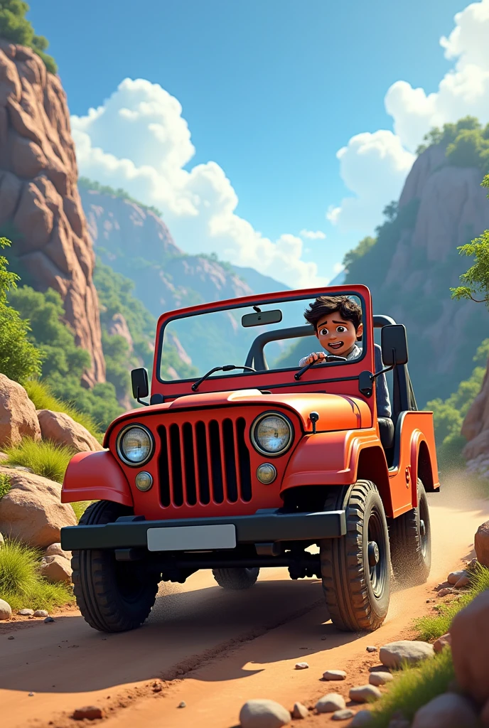 Animated image of driver riding thar Mahindra jeep 