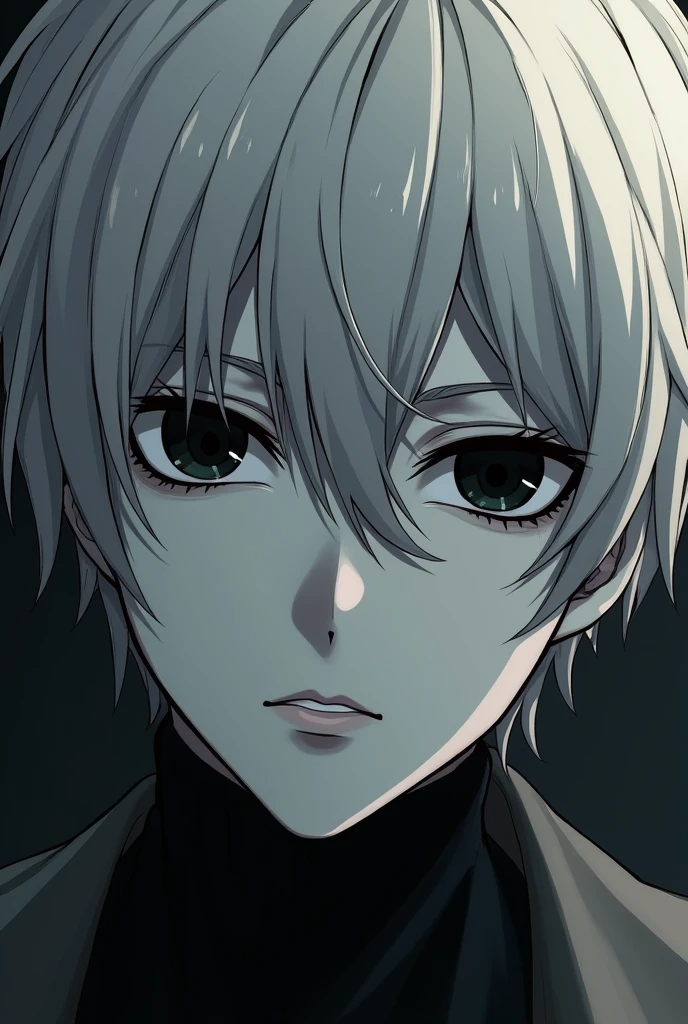 A male anime character with gray skin, black, pupil-less eyes and platinum blonde bangs