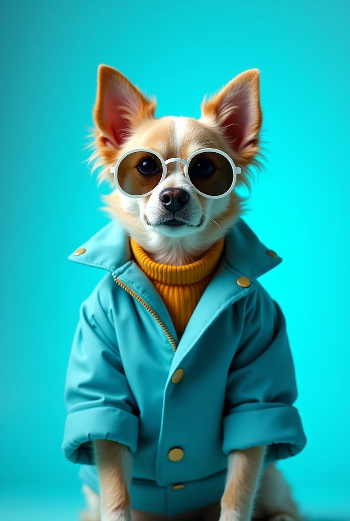 The best cell phone wallpaper, Award-Winning Wallpaper, portrait photography, In the front view is a portrait of a cute dog wearing mid-1960s space age fashion, Side view photo, Shot with Canon EOS R5, Set a strong contrast that accentuates the subject, Fluorescent blue tone, Wearing a very modern coat and sunglasses is a modern 1960s style, Clothes all in one color, beautiful background