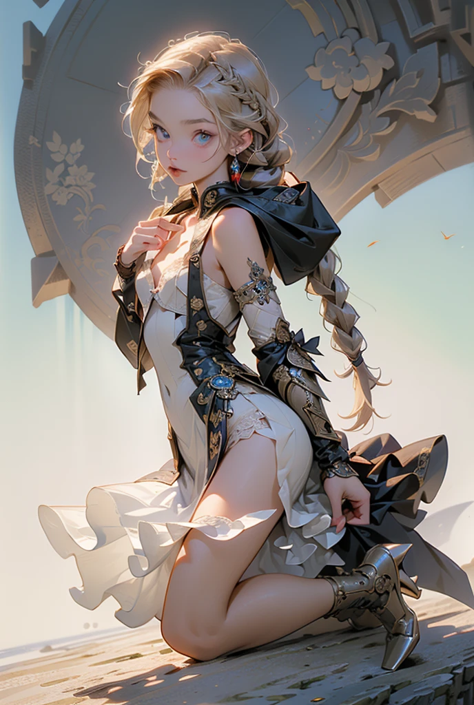 (((masterpiece, of the highest quality, super detailed))), ((a female knight of an occult order)), (an occult saint), (combat pose), (ready for combat), (resolved expression), (resolute expression), (((flat chest))), ((flat chest:1.1)), ((nier automata meets bloodbourne)), ((Edwardian era inspired)), ((minimal but intricate beautiful armour)), (big forhead:1.2), extremely detailed cute anime face, ((((long twin braids,tight braids,long braid,braided hair,long hair)))), ((ponytail, thick ponytail, heavy ponytail)), (((Fluttering lace flared dress with frilly petticoats))), ((((Highly detailed face))), (((Very sharp focused eyes))), very long eyelashes, ((small breasts)), (((flat chest:1.1))), occult aesthetic, (red and white clothing detailed and intricate steampunk and detailed gothic), (with a hood), complex lace boots, (full body)