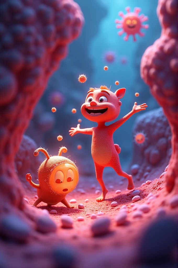 Create a 3d pixar cartoon Pathogen enters the body and infects the cell, generating an infection site.
Macrophage leaves the bloodstream and migrates to the site of infection.
Macrophage performs phagocytosis of the pathogen Macrophage migrates to the lymph node to present the antigen .
The macrophage presents the antigen to the immature T lymphocyte and the immature B lymphocyte. .
Immature T lymphocyte differentiates into helper T lymphocyte and cytotoxic T lymphocyte Immature B lymphocyte differentiates into mature B lymphocyte that is capable of producing antibodies Cytotoxic T lymphocyte Helper T lymphocyte and antibodies migrate through the bloodstream to the site of infection Antibodies bind to the pathogen, carrying out opsionization Helper T lymphocyte helps macrophage to carry out phagocytosis of already opsionized pathogens Cytotoxic T lymphocyte induces apoptosis of the infected cell(programmed cell death)
From the moment there is no extracellular pathogen or infected cells, the infection ends. With the end of the infection, the helper T lymphocyte and cytotoxic lymphocyte undergo apoptosis. Macrophage returns to the bloodstream. Mature B lymphocyte forms immunological memory..